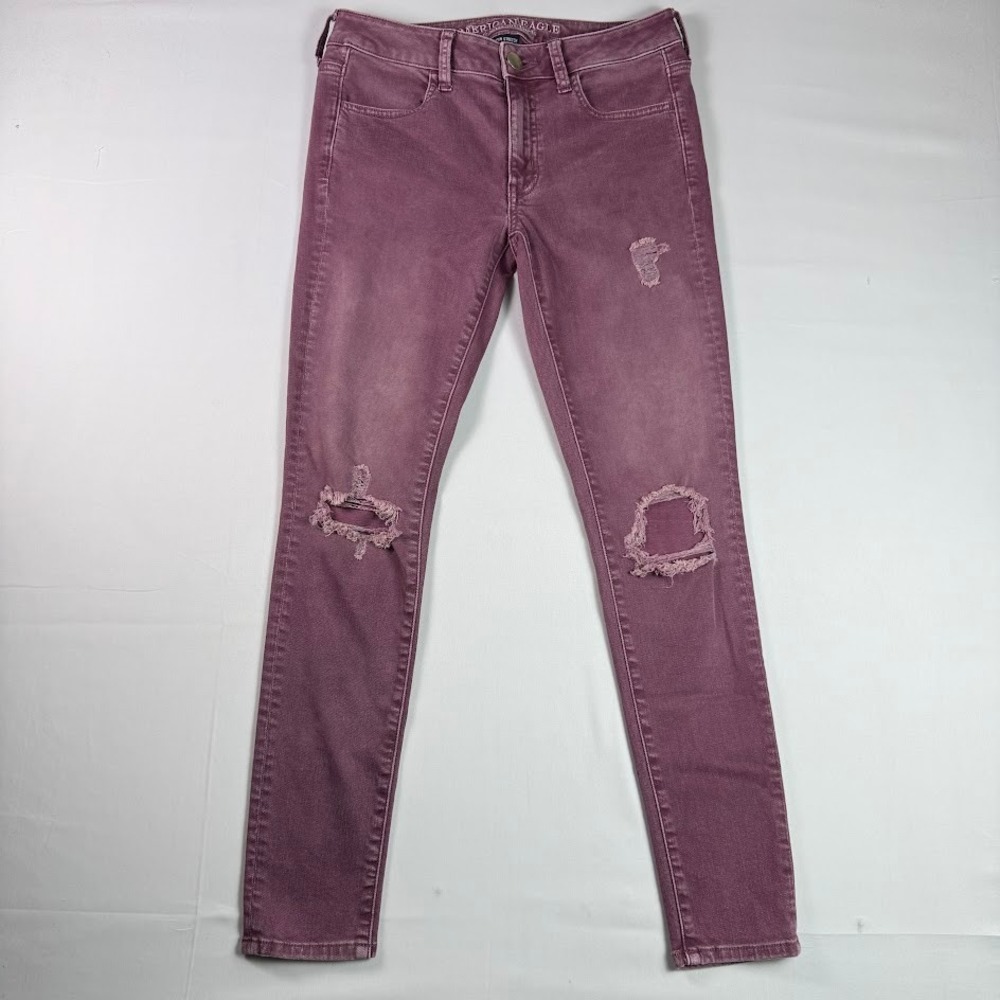 American Eagle Super Stretch Distressed Jeggings Purple Low Rise Womens Size 6